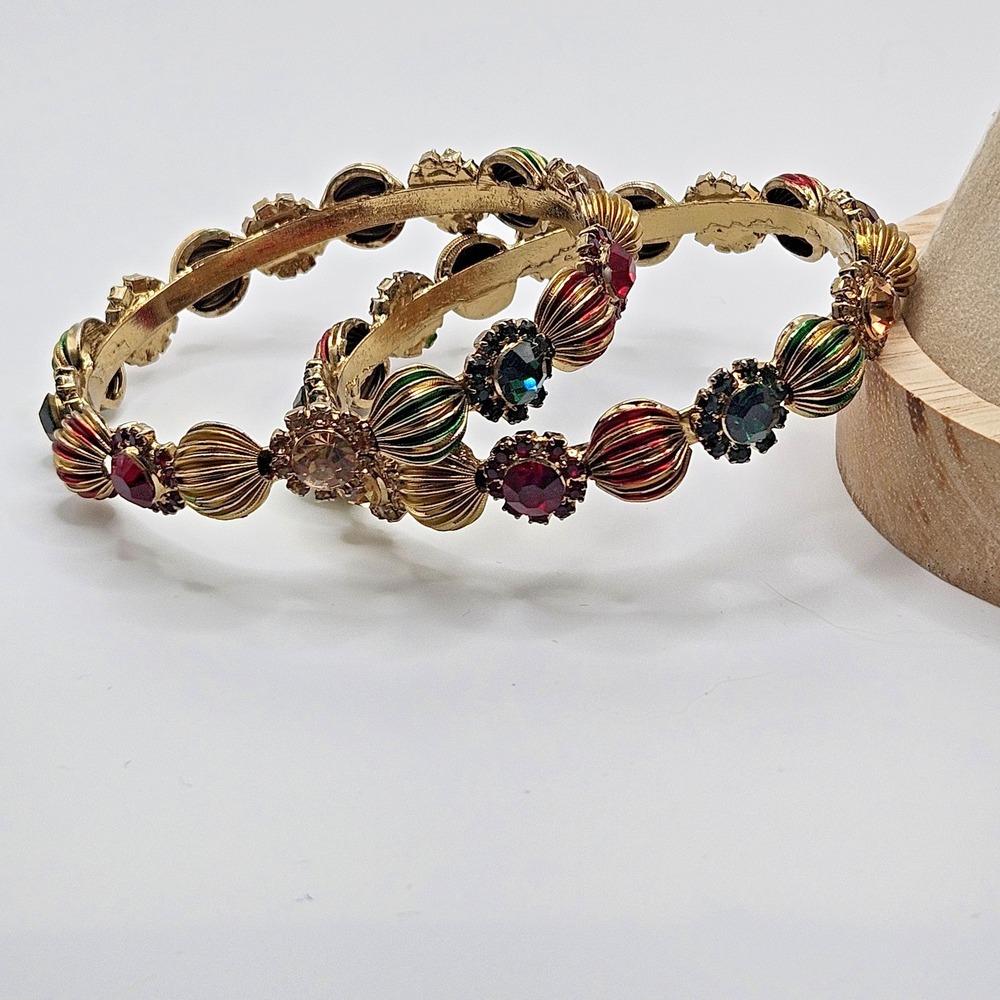 Set Bangle Bracelets Rhinestone Colorful Red Green Gold Tone - Picture 2 of 10